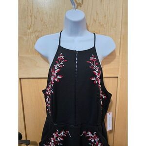 Bisou Bisou Womens Black Dress W Red Floral Embroidery & Slim Straps elegant